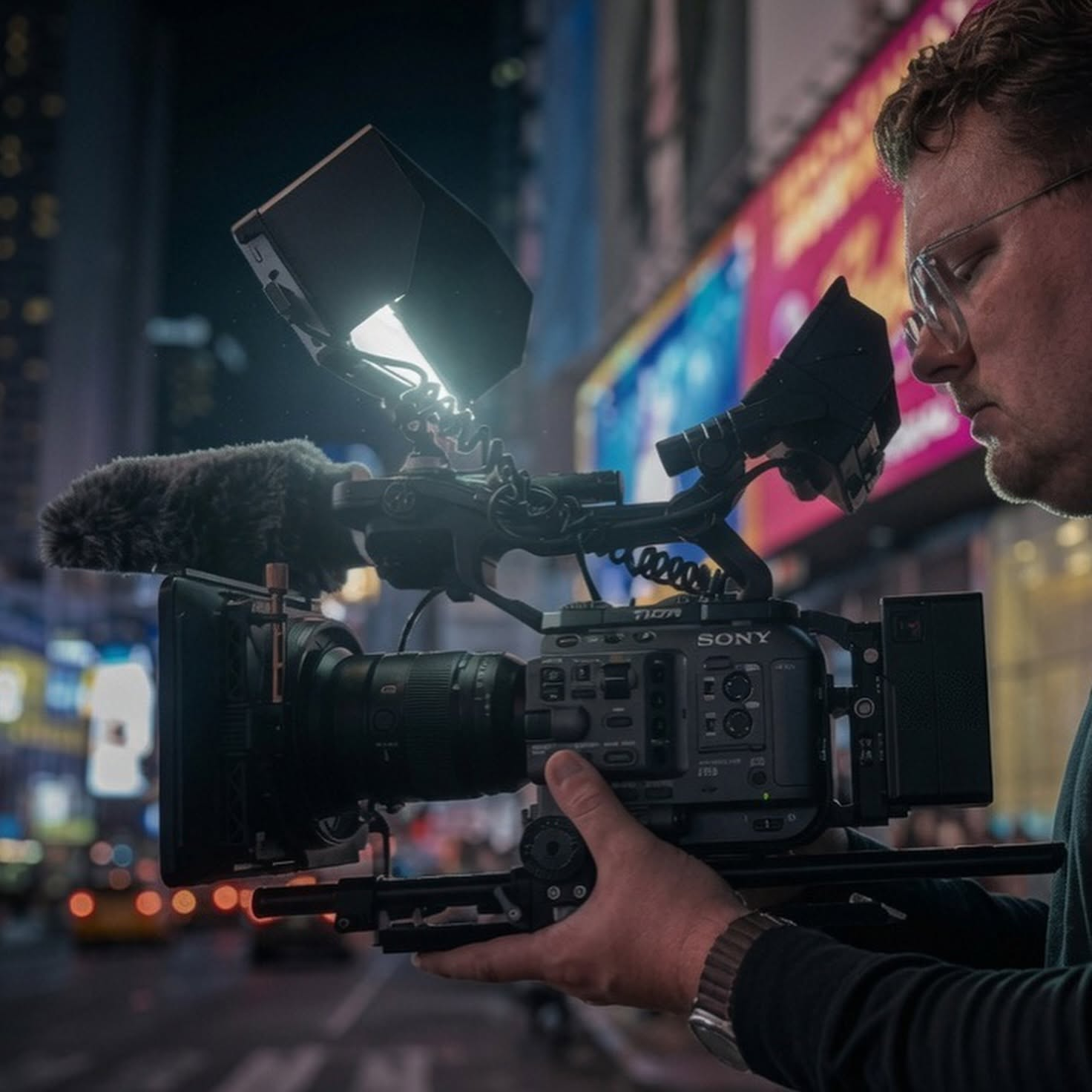 Hilltree cinematographer operating a cinema camera on location at night