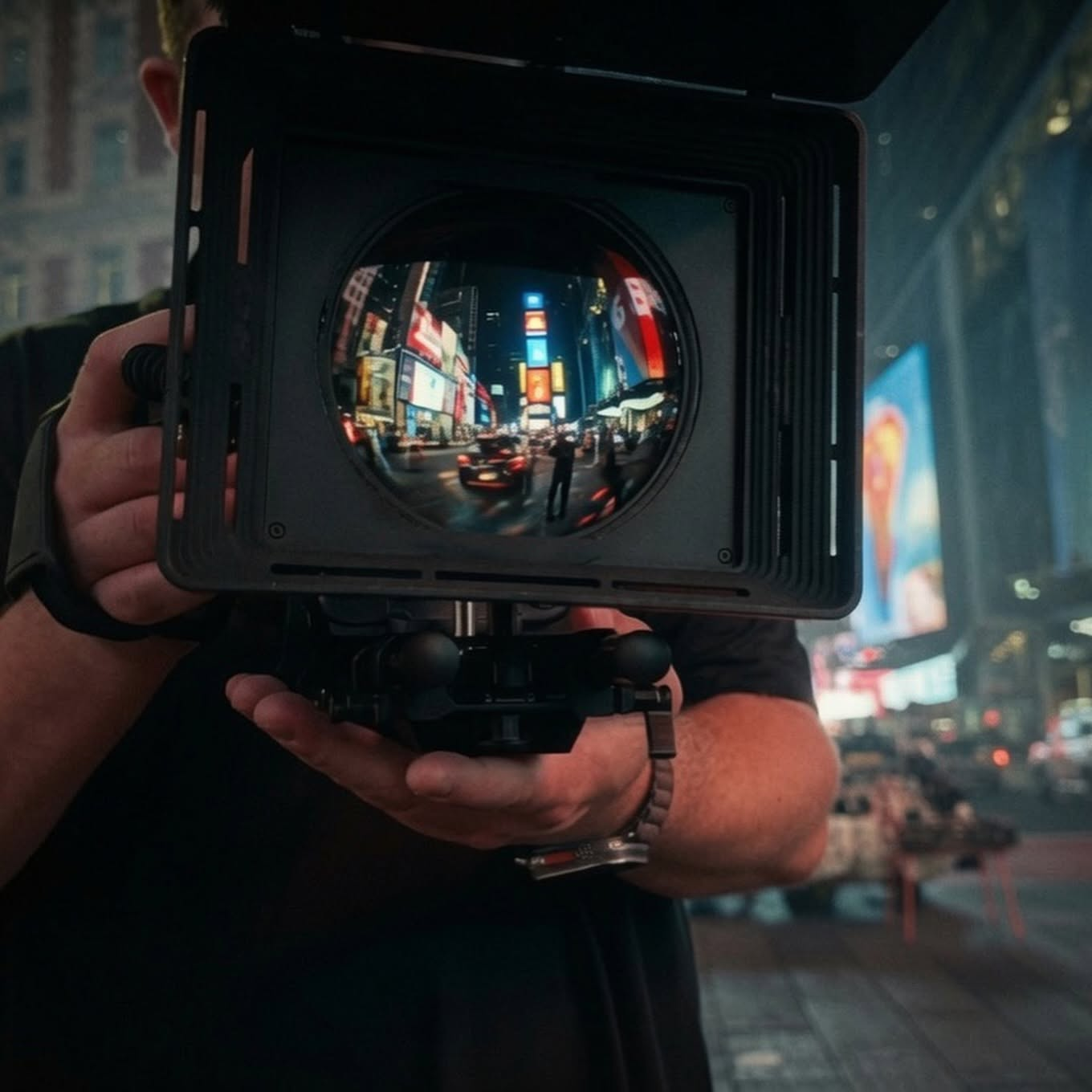 Hilltree operator holding a matte box with a city street reflected through the lens