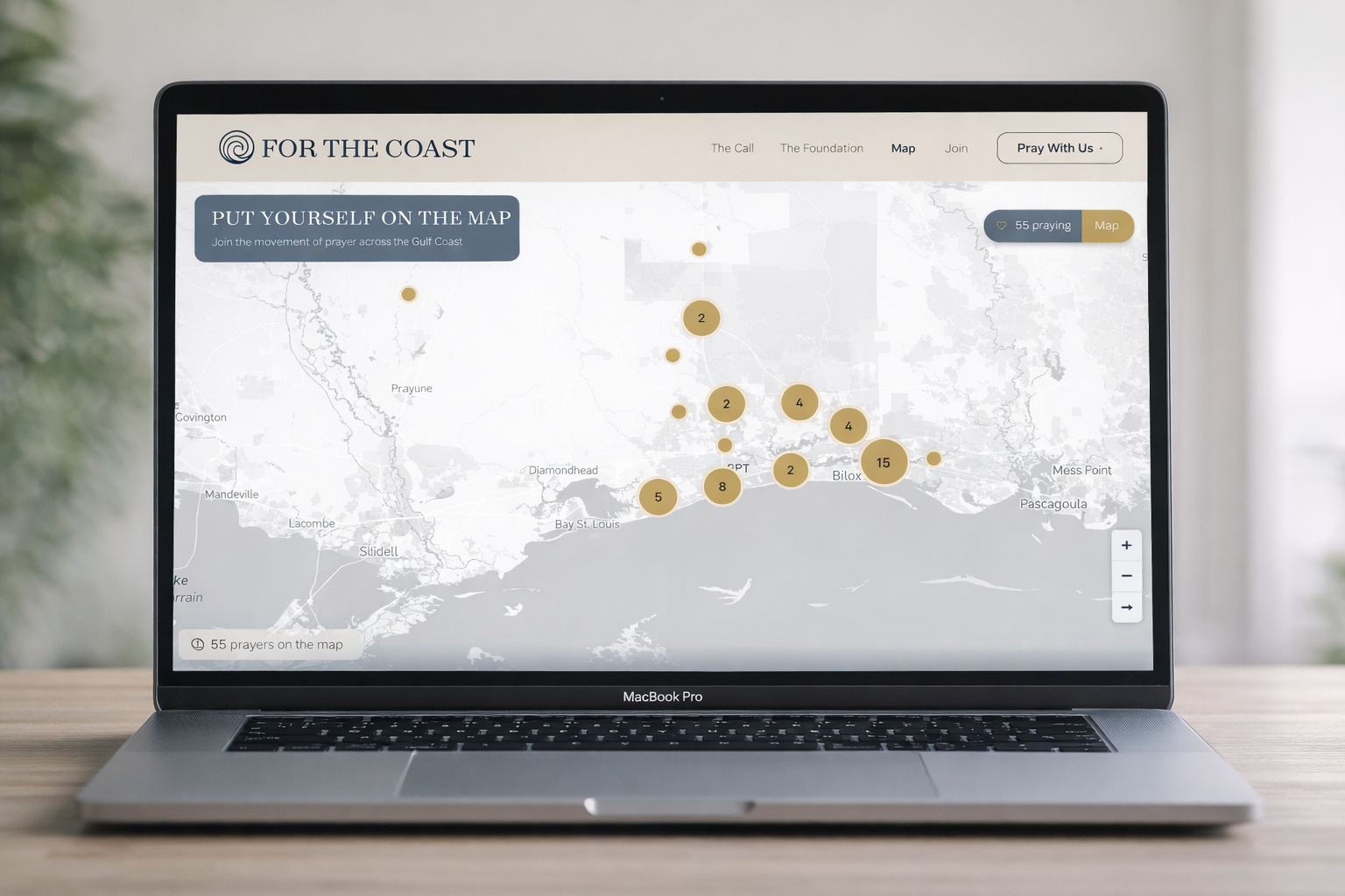 For The Coast interactive prayer map showing 55 prayers across the Gulf Coast region